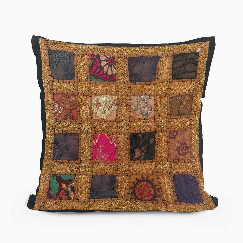 Handmade Indian Patchwork Cushion Cover – 16x16 Inch Boho Tapestry Pillow Vintage Embroidered Tapestry Pillow Cover – 16x16” Bohemian Decor (Jenny)
