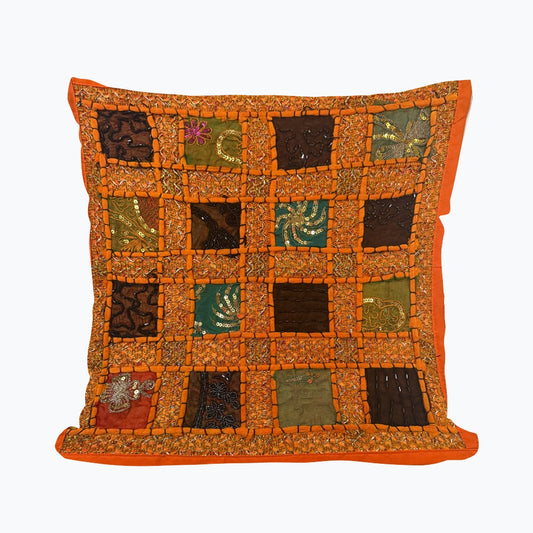16" Orange Tapestry Patchwork Pillow Cases Indian Handmade Beaded Cushion Cover Decor Black Beaded Tapestry Pillow Cover: Vintage Indian Embroidered Cushion #16