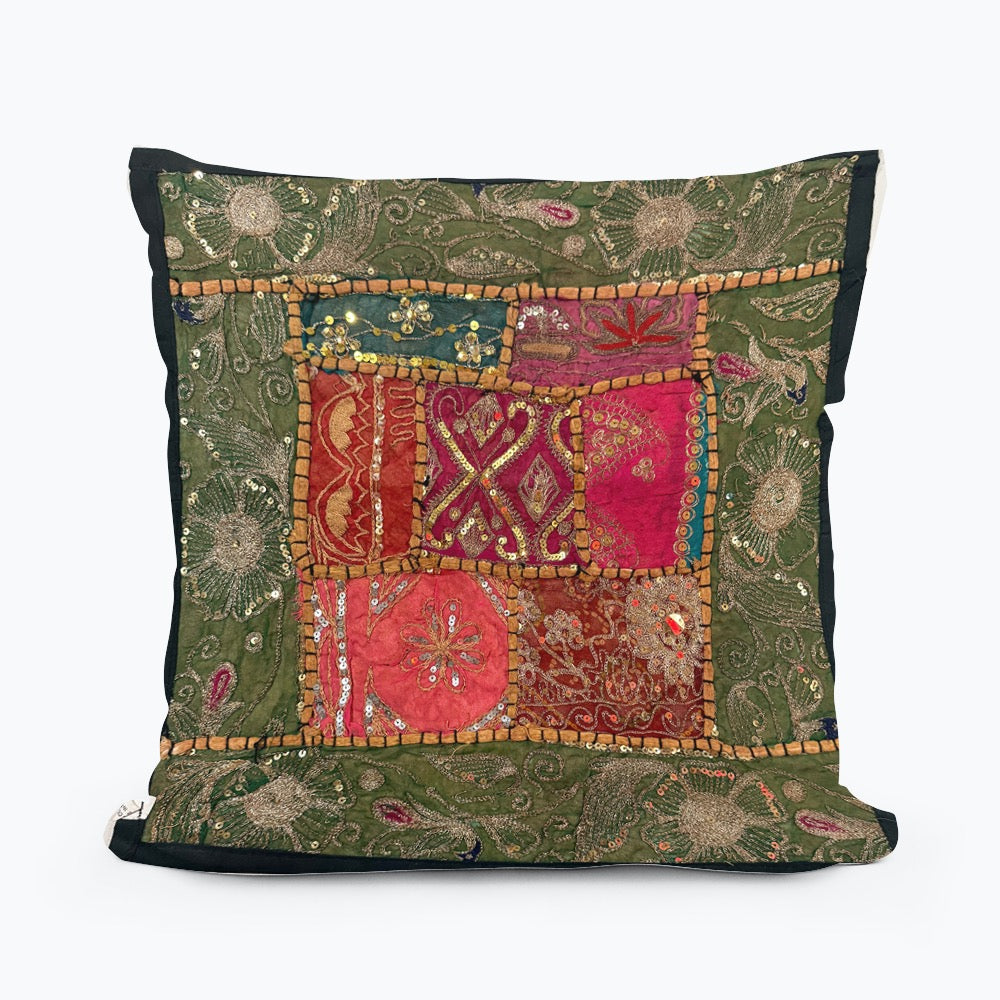 16'' INDIAN TAPESTRY CUSHION COVER ZARI BEADED PATCHWORK DECOR CUSHION COVERS (Kelly) #15