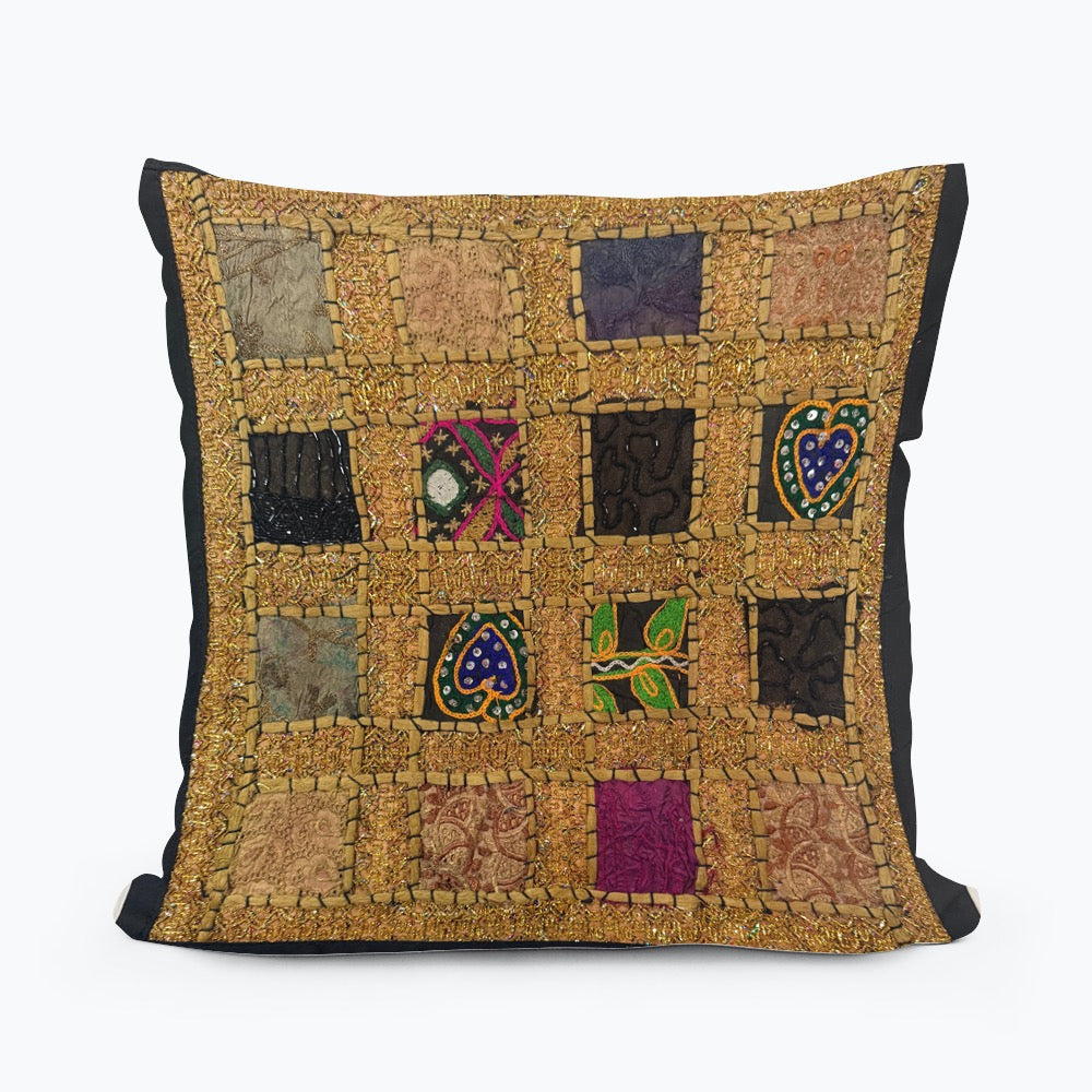 Handmade Indian Patchwork Cushion Cover – 16x16 Inch Boho Tapestry Pillow Vintage Embroidered Tapestry Pillow Cover – 16x16” Bohemian Decor (Jenny)