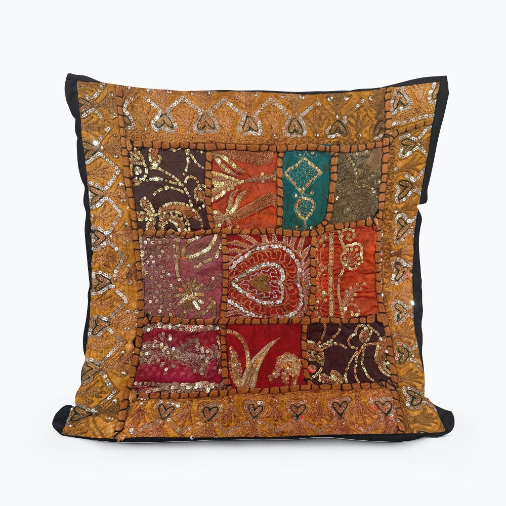 16'' INDIAN TAPESTRY CUSHION COVER ZARI BEADED PATCHWORK DECOR CUSHION COVERS (Kelly) #9