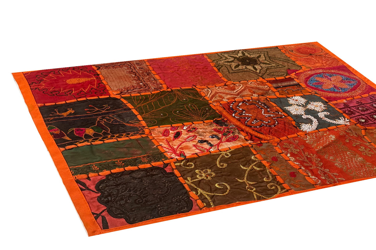 20" Orange Beaded Tapestry Placemat: Zardozi Indian Table Mat