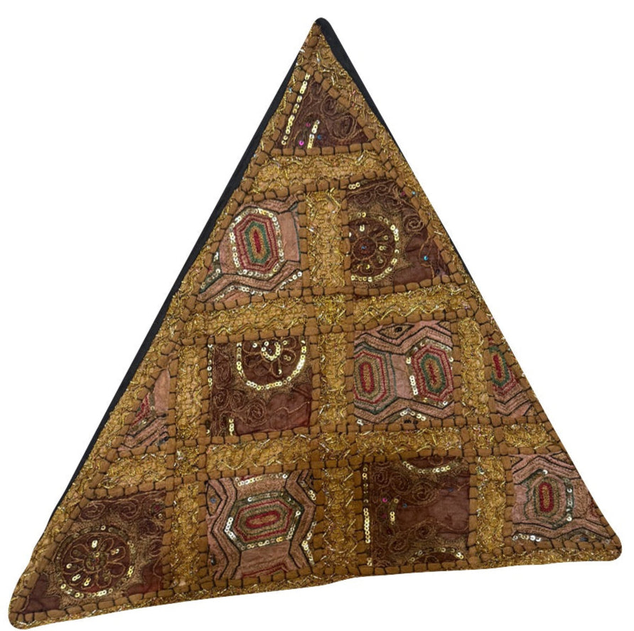 20'' Ethnic Indian Embroidery Beaded Patchwork Triangle Pillow Cushion Cover Handmade Indian Triangular Patchwork Cushion – 20x20 Inch Decorative Pillow