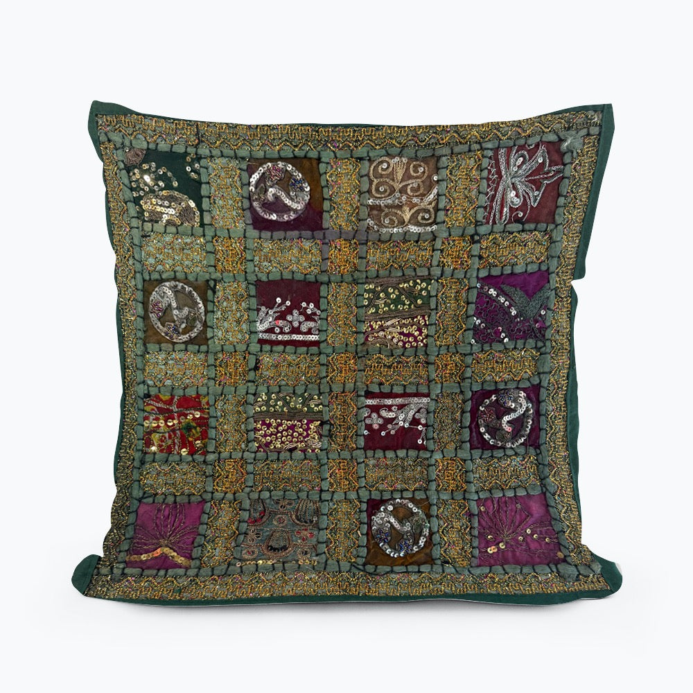 16" Square Green Vintage Tapestry Pillow Cover: Beaded Zari Embroidery, 16" Square