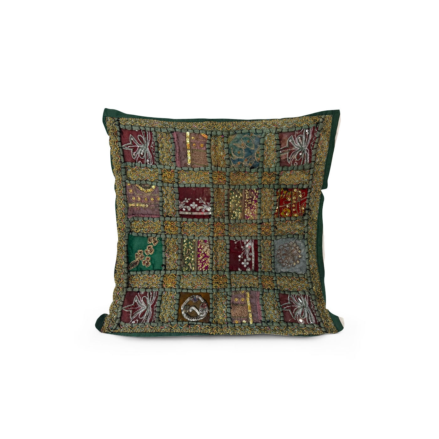 16" Square Green Vintage Tapestry Pillow Cover: Beaded Zari Embroidery, 16" Square
