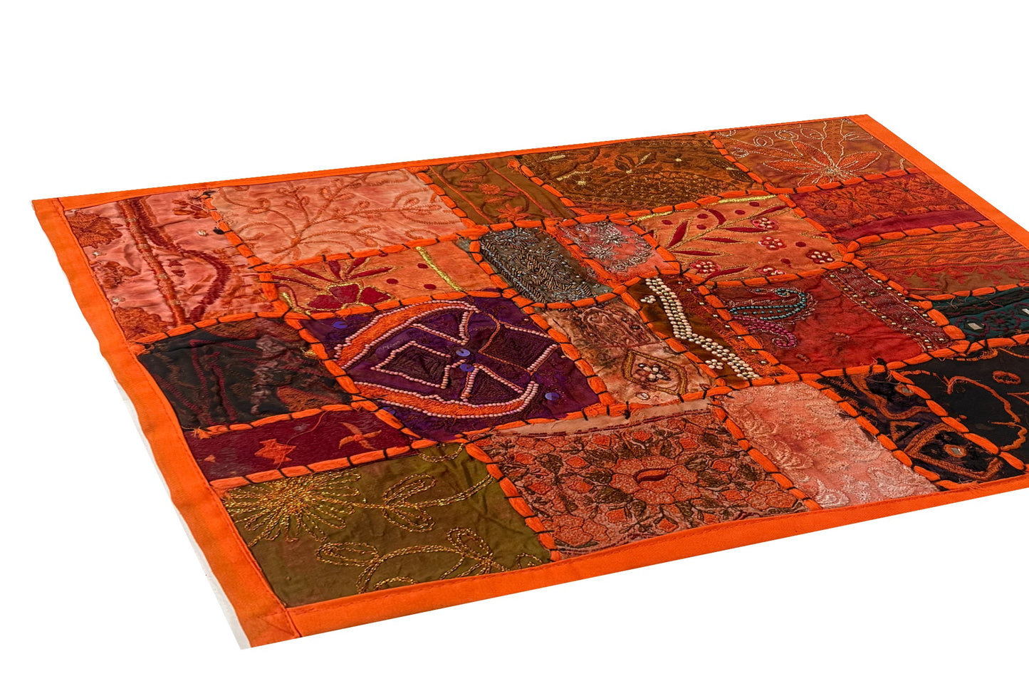 20" Orange Beaded Tapestry Placemat: Zardozi Indian Table Mat