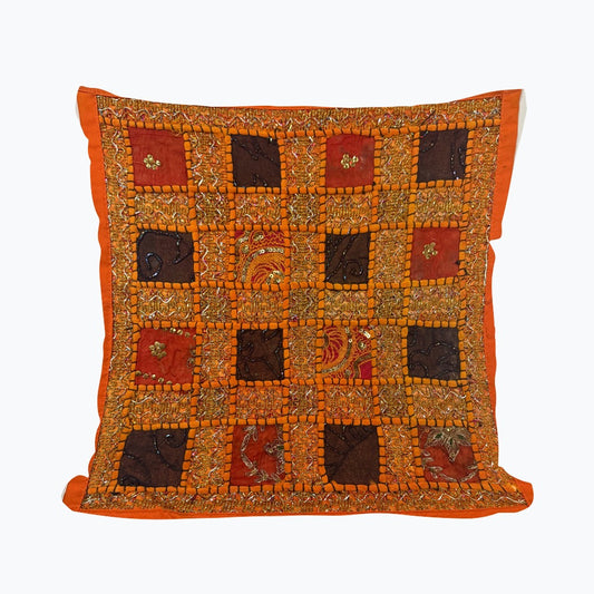 16" Orange Tapestry Patchwork Pillow Cases Indian Handmade Beaded Cushion Cover Decor Black Beaded Tapestry Pillow Cover: Vintage Indian Embroidered Cushion #18