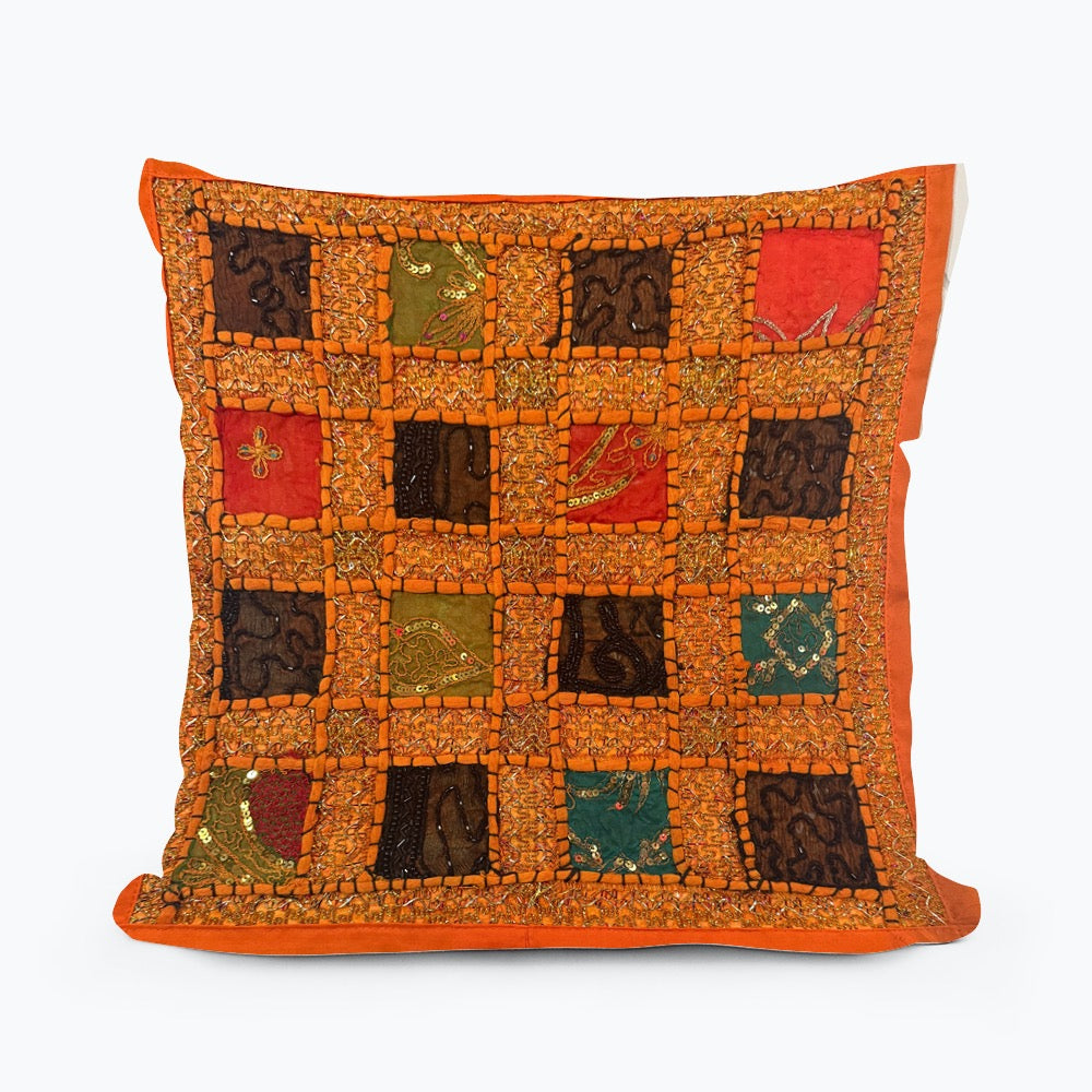 16 Inch Orange Vintage Indian Tapestry Pillow Cover: Zari Beaded Embroidered Throw Pillow