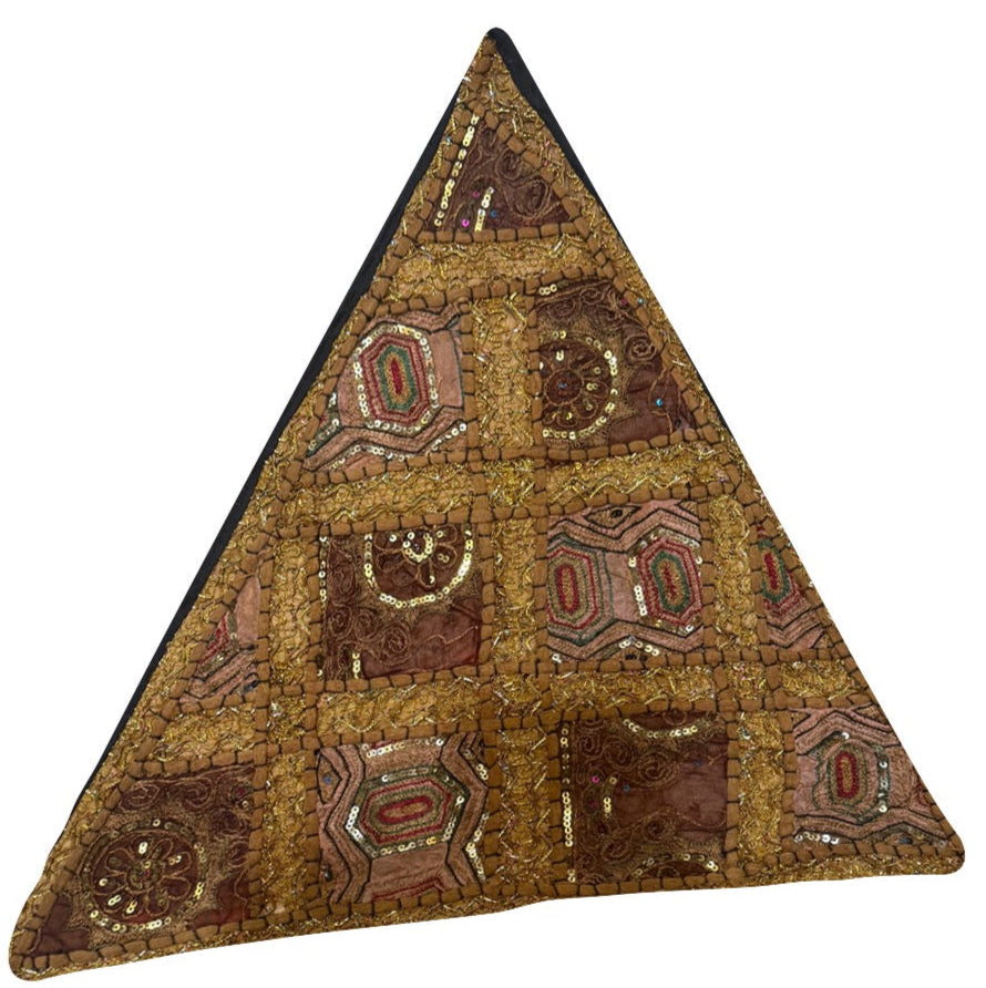 23'' Ethnic Indian Embroidery Beaded Patchwork Triangle Pillow Cushion Cover Handmade Indian Triangular Patchwork Cushion – 23x23 Inch Decorative Pillow