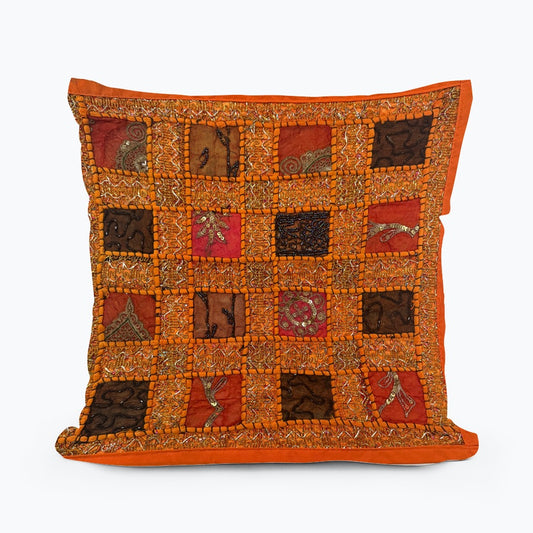 16" Orange Tapestry Patchwork Pillow Cases Indian Handmade Beaded Cushion Cover Decor Black Beaded Tapestry Pillow Cover: Vintage Indian Embroidered Cushion #11