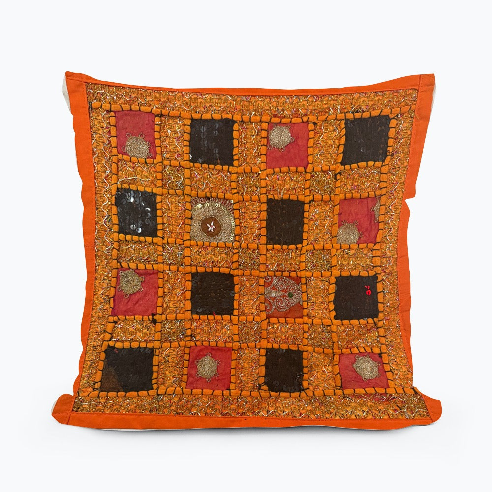 16 Inch Orange Vintage Indian Tapestry Pillow Cover: Zari Beaded Embroidered Throw Pillow
