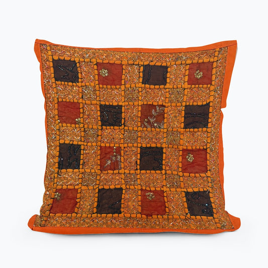 16" Orange Tapestry Patchwork Pillow Cases Indian Handmade Beaded Cushion Cover Decor Black Beaded Tapestry Pillow Cover: Vintage Indian Embroidered Cushion #25