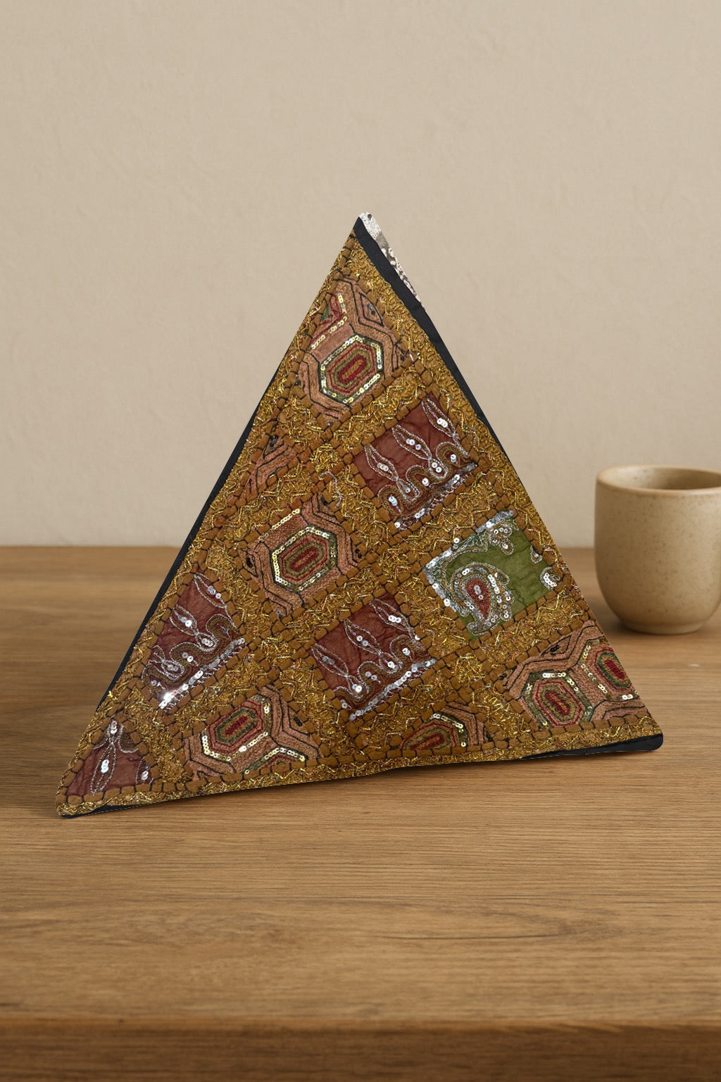 23'' Ethnic Indian Embroidery Beaded Patchwork Triangle Pillow Cushion Cover Handmade Indian Triangular Patchwork Cushion – 23x23 Inch Decorative Pillow