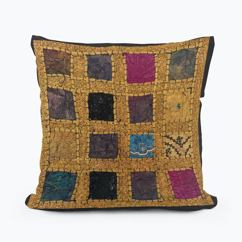 Handmade Indian Patchwork Cushion Cover – 16x16 Inch Boho Tapestry Pillow Vintage Embroidered Tapestry Pillow Cover – 16x16” Bohemian Decor (Jenny)