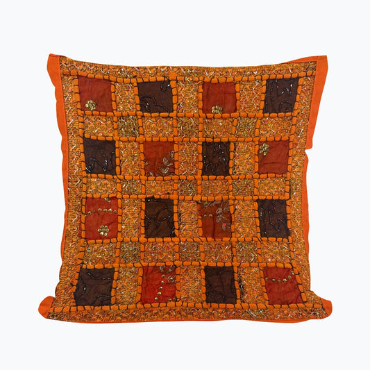 16" Orange Tapestry Patchwork Pillow Cases Indian Handmade Beaded Cushion Cover Decor Black Beaded Tapestry Pillow Cover: Vintage Indian Embroidered Cushion #20
