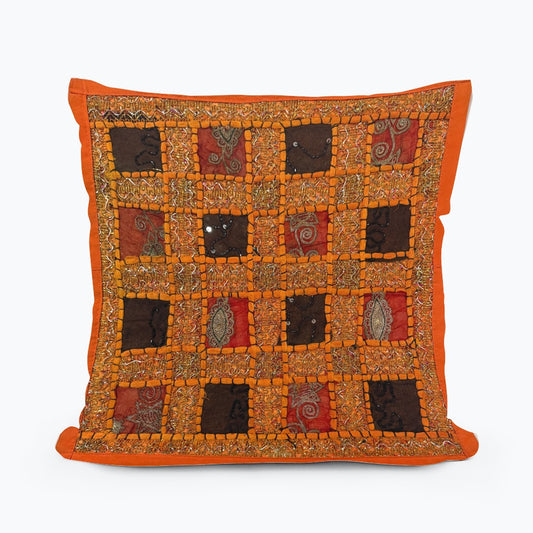 16" Orange Tapestry Patchwork Pillow Cases Indian Handmade Beaded Cushion Cover Decor Black Beaded Tapestry Pillow Cover: Vintage Indian Embroidered Cushion #28