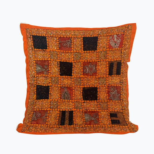 16" Orange Tapestry Patchwork Pillow Cases Indian Handmade Beaded Cushion Cover Decor Black Beaded Tapestry Pillow Cover: Vintage Indian Embroidered Cushion #22
