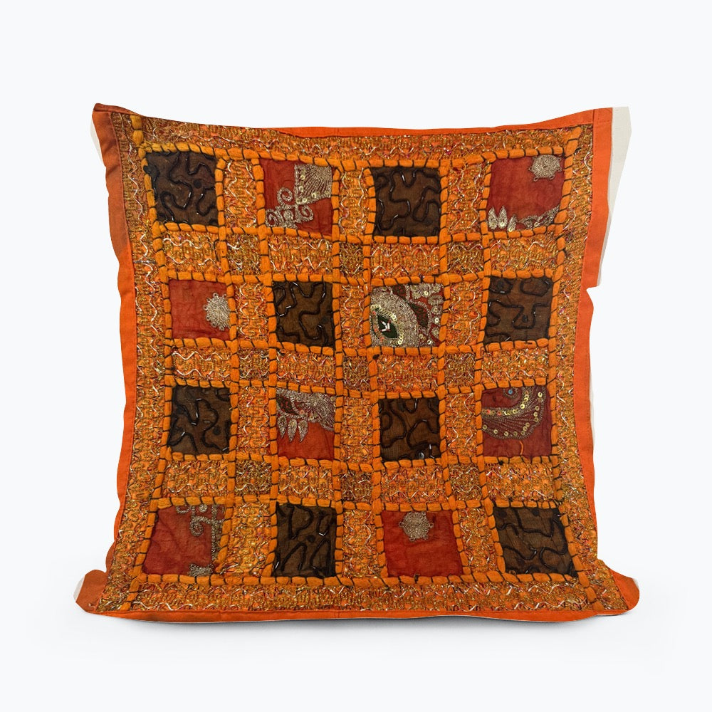 16 Inch Orange Vintage Indian Tapestry Pillow Cover: Zari Beaded Embroidered Throw Pillow