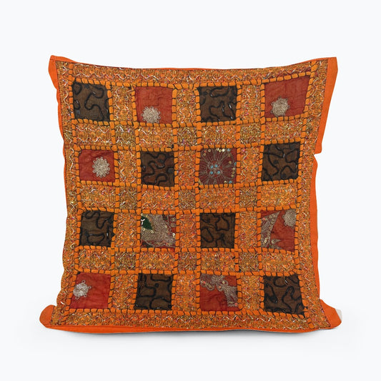16" Orange Tapestry Patchwork Pillow Cases Indian Handmade Beaded Cushion Cover Decor Black Beaded Tapestry Pillow Cover: Vintage Indian Embroidered Cushion #29