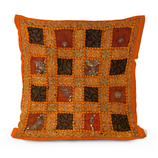 16" Orange Tapestry Patchwork Pillow Cases Indian Handmade Beaded Cushion Cover Decor Black Beaded Tapestry Pillow Cover: Vintage Indian Embroidered Cushion #39