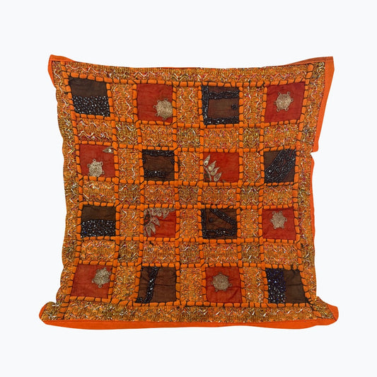 16" Orange Tapestry Patchwork Pillow Cases Indian Handmade Beaded Cushion Cover Decor Black Beaded Tapestry Pillow Cover: Vintage Indian Embroidered Cushion #19