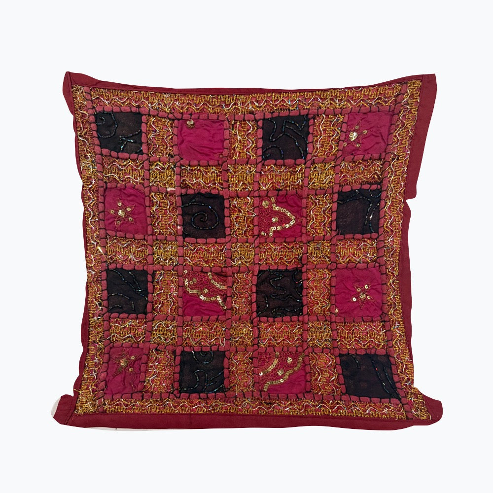 Handmade Indian Patchwork Cushion Cover – 16x16 Inch Red Boho Tapestry Pillow Burgundy Beaded Tapestry Pillow Cover: Vintage Indian Embroidered Cushion