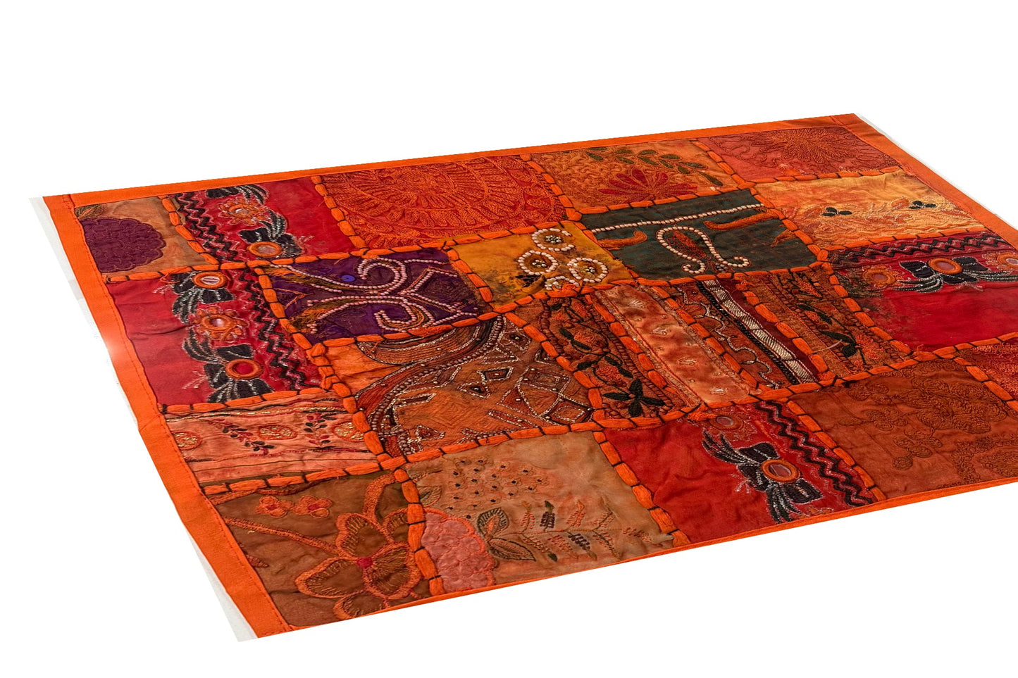 20" Orange Beaded Tapestry Placemat: Zardozi Indian Table Mat