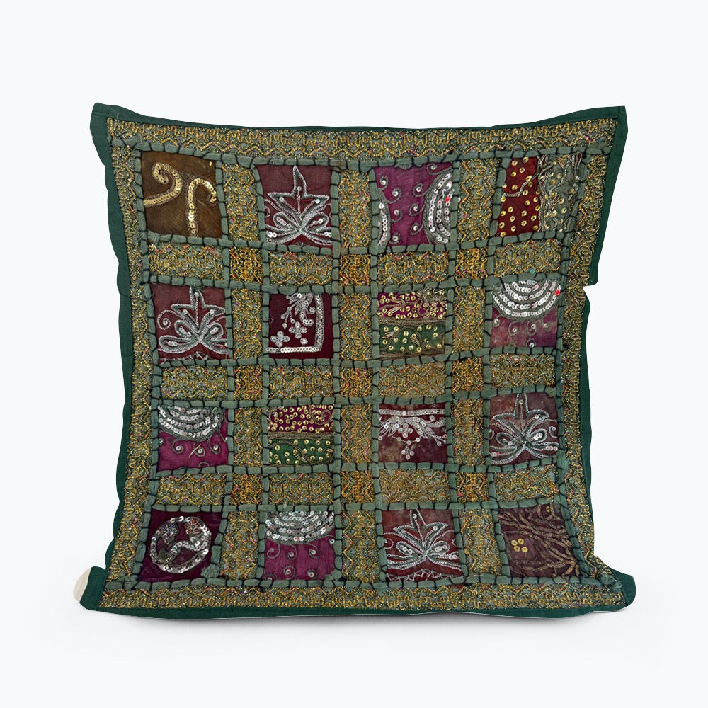 16" Square Green Vintage Tapestry Pillow Cover: Beaded Zari Embroidery, 16" Square