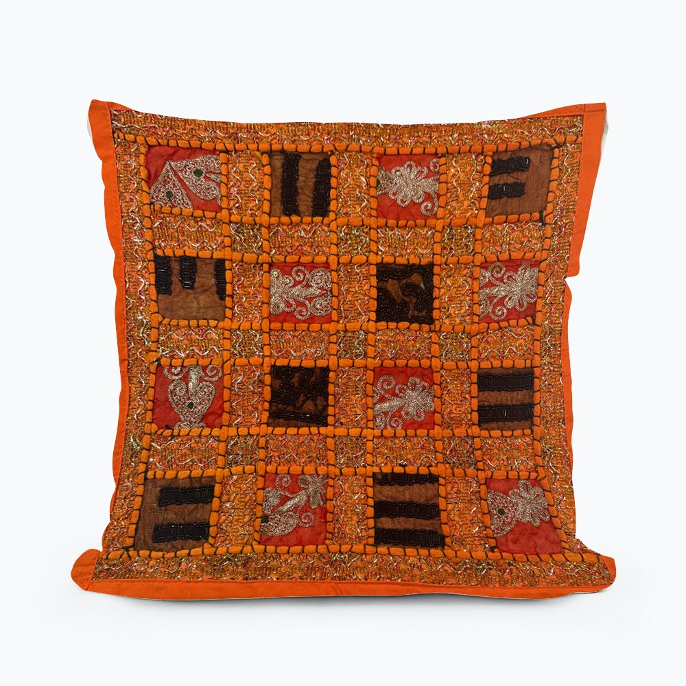 16 Inch Orange Vintage Indian Tapestry Pillow Cover: Zari Beaded Embroidered Throw Pillow
