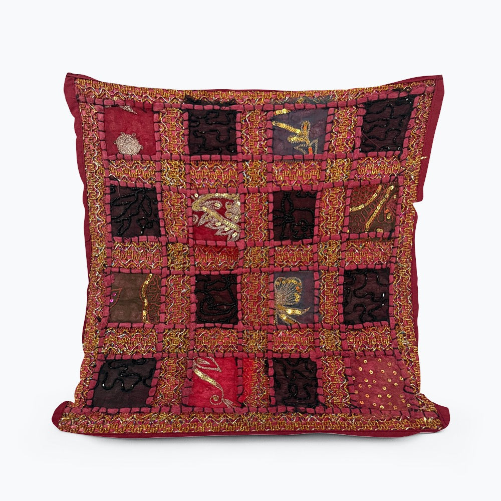 Handmade Indian Patchwork Cushion Cover – 16x16 Inch Red Boho Tapestry Pillow Burgundy Beaded Tapestry Pillow Cover: Vintage Indian Embroidered Cushion #11