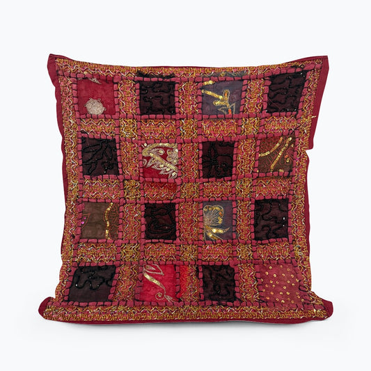 Handmade Indian Patchwork Cushion Cover – 16x16 Inch Red Boho Tapestry Pillow Burgundy Beaded Tapestry Pillow Cover: Vintage Indian Embroidered Cushion #11