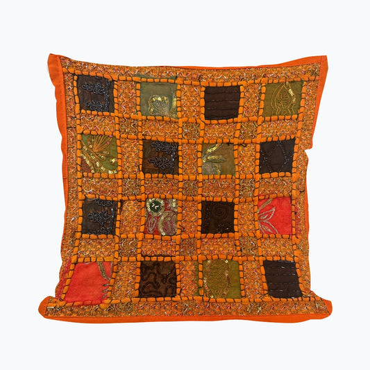 16" Orange Tapestry Patchwork Pillow Cases Indian Handmade Beaded Cushion Cover Decor Black Beaded Tapestry Pillow Cover: Vintage Indian Embroidered Cushion #15