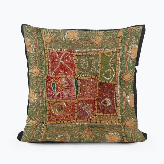 16'' INDIAN TAPESTRY CUSHION COVER ZARI BEADED PATCHWORK DECOR CUSHION COVERS (Kelly) #8