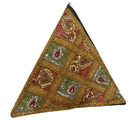 23'' Ethnic Indian Embroidery Beaded Patchwork Triangle Pillow Cushion Cover Handmade Indian Triangular Patchwork Cushion – 23x23 Inch Decorative Pillow #22