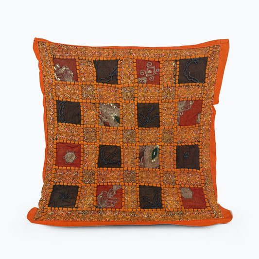 16" Orange Tapestry Patchwork Pillow Cases Indian Handmade Beaded Cushion Cover Decor Black Beaded Tapestry Pillow Cover: Vintage Indian Embroidered Cushion #24