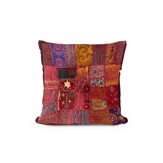 Handmade Indian Patchwork Cushion Cover – 16x16 Inch Red Boho Tapestry Pillow Burgundy Beaded Tapestry Pillow Cover: Vintage Indian Embroidered Cushion #16