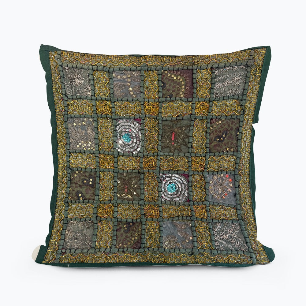 16" Square Green Vintage Tapestry Pillow Cover: Beaded Zari Embroidery, 16" Square