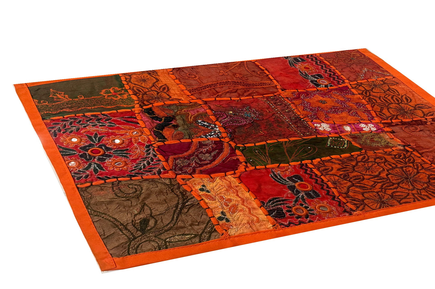 20" Orange Beaded Tapestry Placemat: Zardozi Indian Table Mat