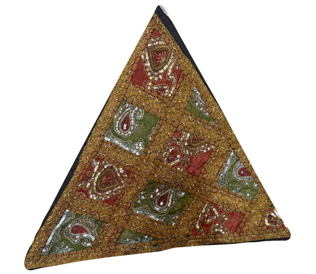 23'' Ethnic Indian Embroidery Beaded Patchwork Triangle Pillow Cushion Cover Handmade Indian Triangular Patchwork Cushion – 23x23 Inch Decorative Pillow