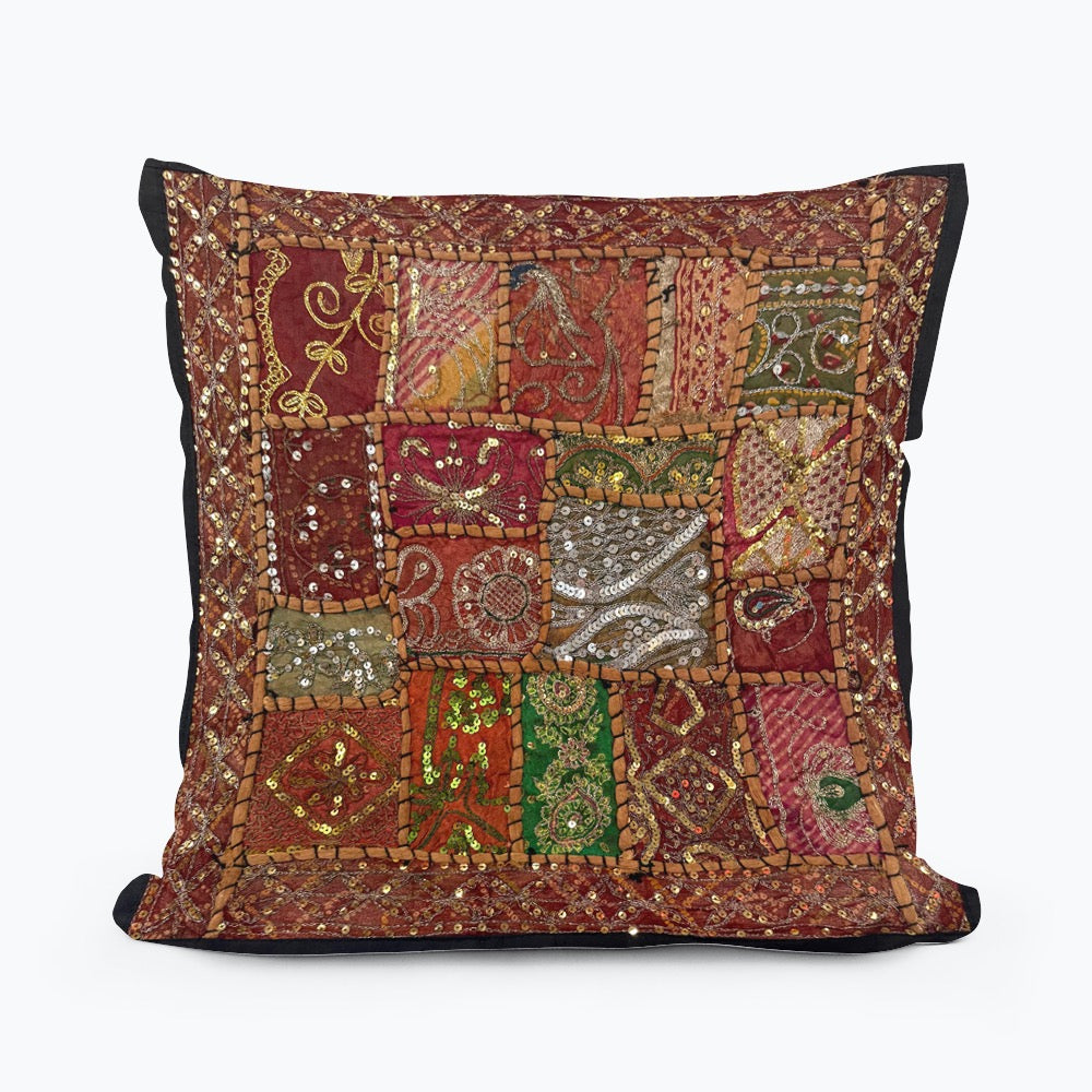 16'' INDIAN TAPESTRY CUSHION COVER ZARI BEADED PATCHWORK DECOR CUSHION COVERS (Kelly) #7