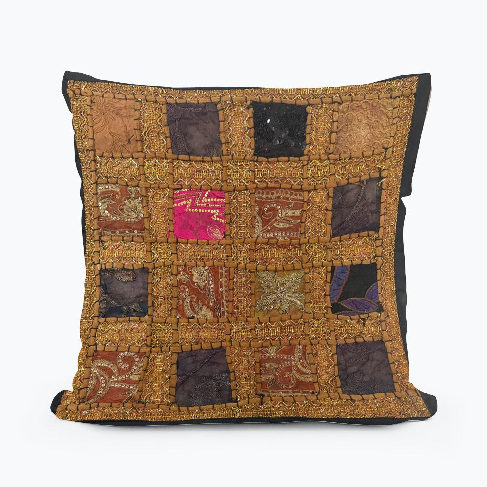 Handmade Indian Patchwork Cushion Cover – 16x16 Inch Boho Tapestry Pillow Vintage Embroidered Tapestry Pillow Cover – 16x16” Bohemian Decor (Jenny)