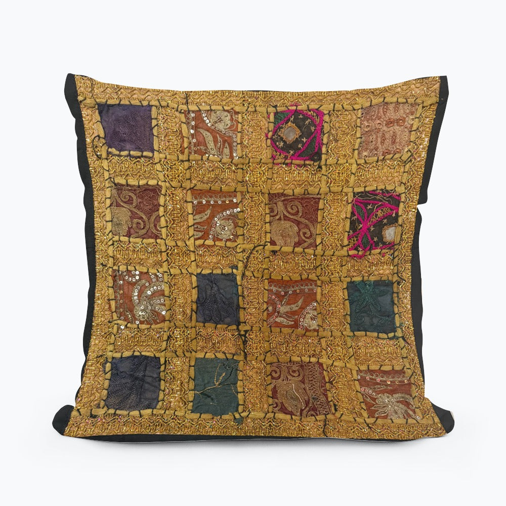 Handmade Indian Patchwork Cushion Cover – 16x16 Inch Boho Tapestry Pillow Vintage Embroidered Tapestry Pillow Cover – 16x16” Bohemian Decor (Jenny)