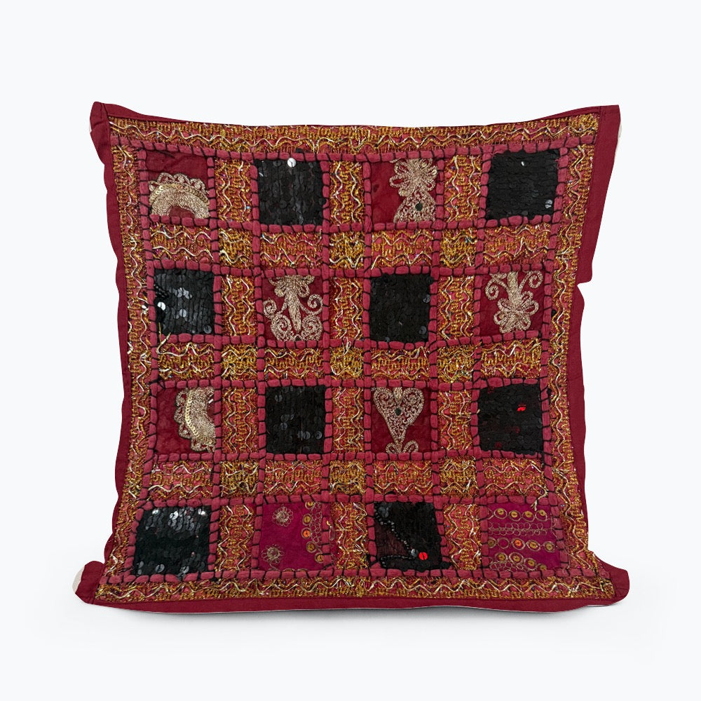 Handmade Indian Patchwork Cushion Cover – 16x16 Inch Red Boho Tapestry Pillow Burgundy Beaded Tapestry Pillow Cover: Vintage Indian Embroidered Cushion