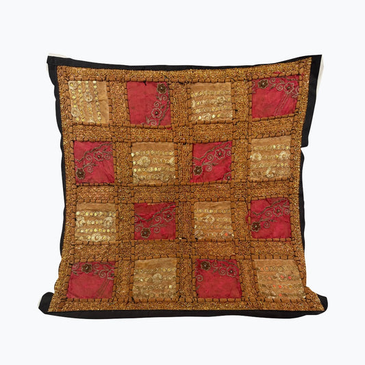 Brown & Gold Patchwork Throw Pillow Cover – Handmade Indian Textile Handmade Indian Patchwork Cushion Cover – 19x19 Inch Boho Tapestry Pillow Vintage Embroidered Tapestry Pillow Cover – 19x19” Bohemian Decor (Jenny) #1