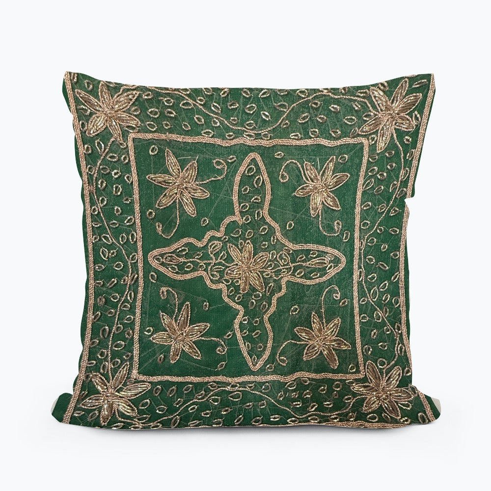 10"x10" Inch Green Handmade Embroidered Organza Pillow Cover: Ethnic Floral Cushion Case