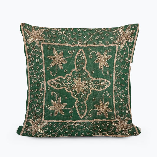 10"x10" Inch Green Handmade Embroidered Organza Pillow Cover: Ethnic Floral Cushion Case