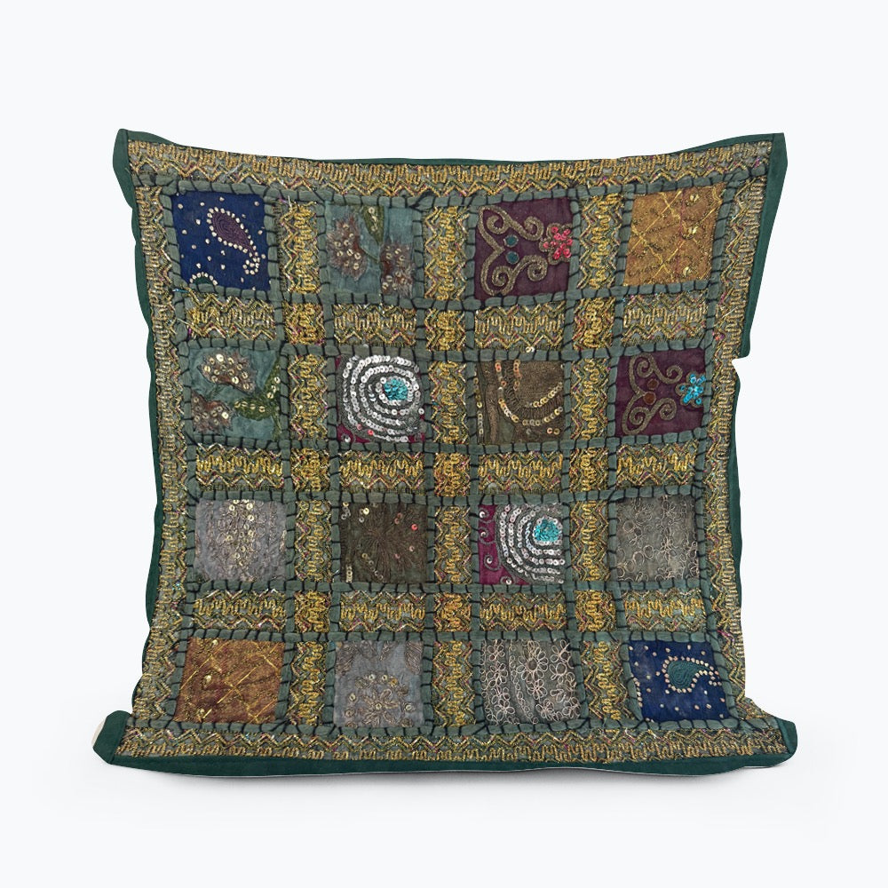 16" Square Green Vintage Tapestry Pillow Cover: Beaded Zari Embroidery, 16" Square