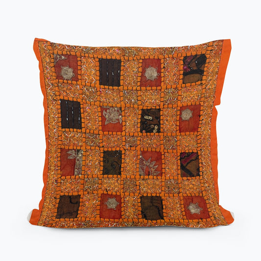 16" Orange Tapestry Patchwork Pillow Cases Indian Handmade Beaded Cushion Cover Decor Black Beaded Tapestry Pillow Cover: Vintage Indian Embroidered Cushion #38