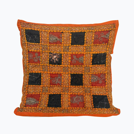 16" Orange Tapestry Patchwork Pillow Cases Indian Handmade Beaded Cushion Cover Decor Black Beaded Tapestry Pillow Cover: Vintage Indian Embroidered Cushion #37