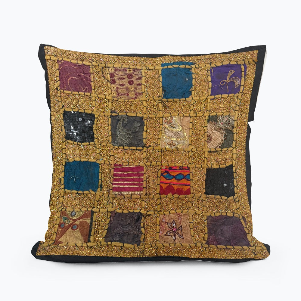 Handmade Indian Patchwork Cushion Cover – 16x16 Inch Boho Tapestry Pillow Vintage Embroidered Tapestry Pillow Cover – 16x16” Bohemian Decor (Jenny)